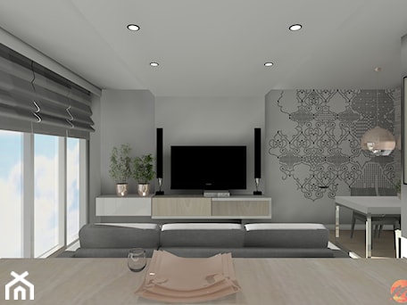 Aranżacje wnętrz - Salon: Apartament w bieli - Średni biały szary salon z jadalnią, styl nowoczesny - Studio M Kropki. Projektowanie wnętrz i form użytkowych.. Przeglądaj, dodawaj i zapisuj najlepsze zdjęcia, pomysły i inspiracje designerskie. W bazie mamy już prawie milion fotografii!