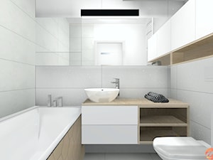 Apartament w bieli, drewnie i betonie. - Łazienka, styl nowoczesny - zdjęcie od Studio M Kropki. Projektowanie wnętrz i form użytkowych.