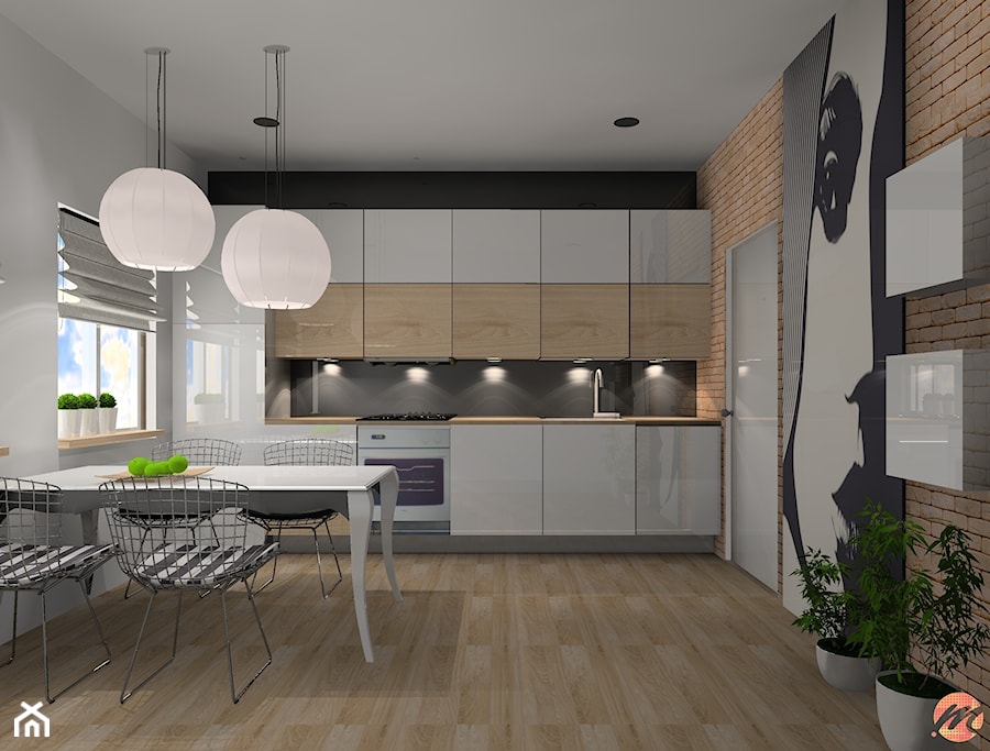 Koncepcja kuchni w towarzystwie brzoskwiniowej cegły - Kuchnia, styl nowoczesny - zdjęcie od Studio M Kropki. Projektowanie wnętrz i form użytkowych.