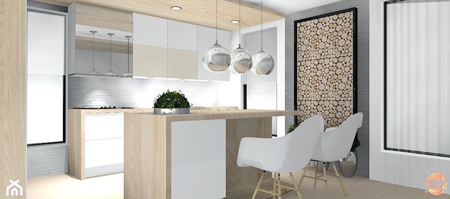 Projekt kuchni w bieli i drewnie - Kuchnia, styl nowoczesny - zdjęcie od Studio M Kropki. Projektowanie wnętrz i form użytkowych.