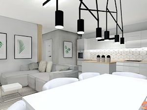 Apartament w bieli, drewnie i betonie. - Mały szary salon z kuchnią z jadalnią, styl nowoczesny - zdjęcie od Studio M Kropki. Projektowanie wnętrz i form użytkowych.