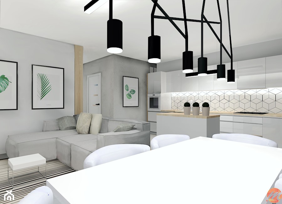 Apartament w bieli, drewnie i betonie. - Mały szary salon z kuchnią z jadalnią, styl nowoczesny - zdjęcie od Studio M Kropki. Projektowanie wnętrz i form użytkowych.