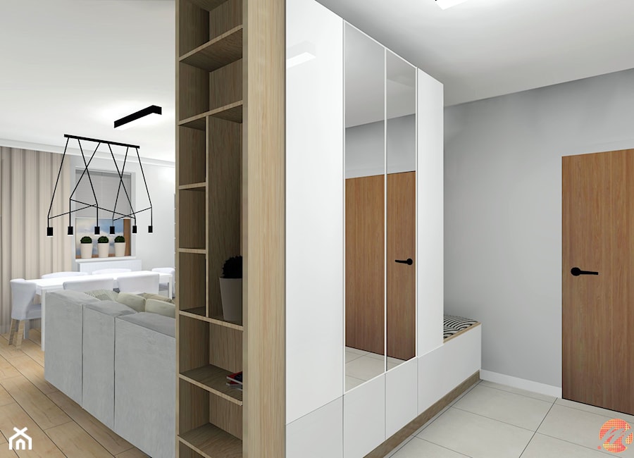 Apartament w bieli, drewnie i betonie. - Średni szary hol / przedpokój, styl nowoczesny - zdjęcie od Studio M Kropki. Projektowanie wnętrz i form użytkowych.
