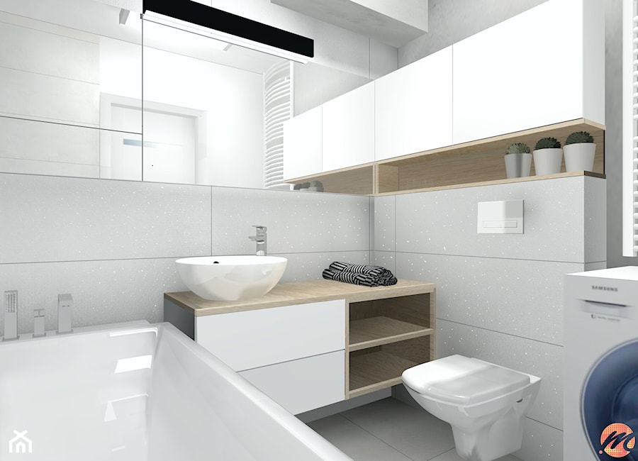 Apartament w bieli, drewnie i betonie. - Łazienka, styl nowoczesny - zdjęcie od Studio M Kropki. Projektowanie wnętrz i form użytkowych.