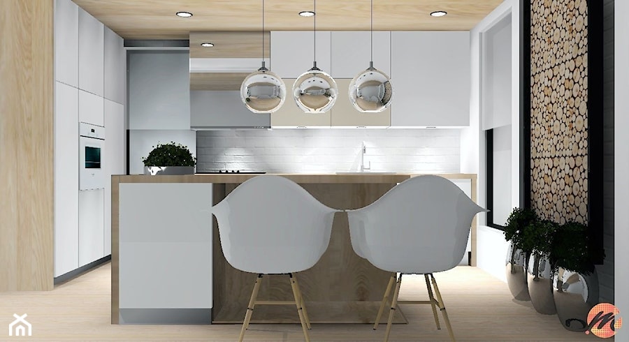 Projekt kuchni w bieli i drewnie - Kuchnia, styl nowoczesny - zdjęcie od Studio M Kropki. Projektowanie wnętrz i form użytkowych.
