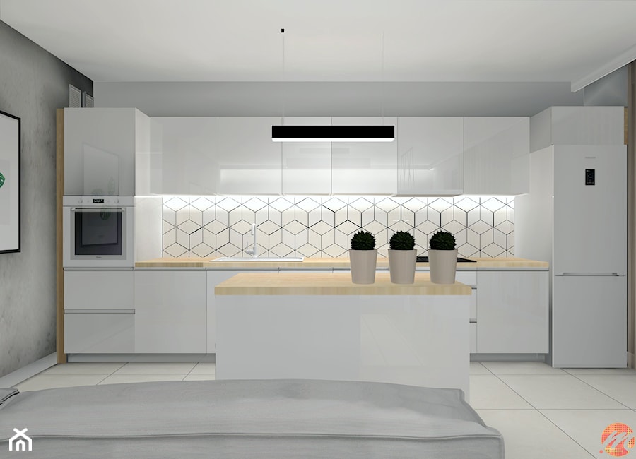 Apartament w bieli, drewnie i betonie. - Kuchnia, styl nowoczesny - zdjęcie od Studio M Kropki. Projektowanie wnętrz i form użytkowych.