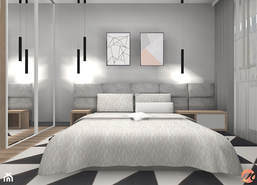 Apartament w bieli, drewnie i betonie. - Sypialnia, styl nowoczesny - zdjęcie od Studio M Kropki. Projektowanie wnętrz i form użytkowych.