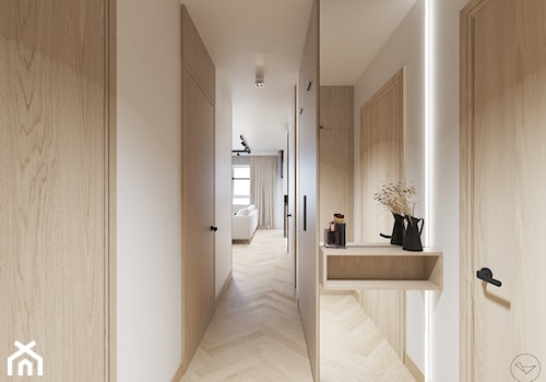 Elegancki apartament w beżach z czarnymi akcentami - Hol / przedpokój, styl nowoczesny - zdjęcie od Studio projektowe Suzume