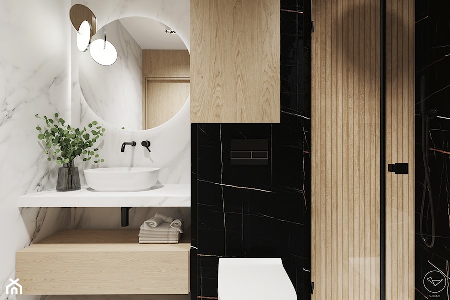 Elegancki apartament w beżach z czarnymi akcentami - Łazienka, styl nowoczesny - zdjęcie od Studio projektowe Suzume
