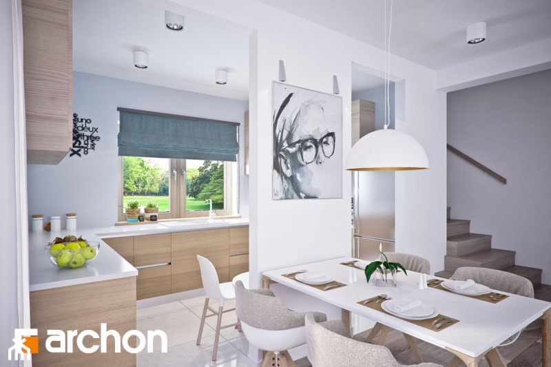 Dom w lucernie 4 - Średnia biała szara jadalnia w kuchni, styl nowoczesny - zdjęcie od ArchonHome