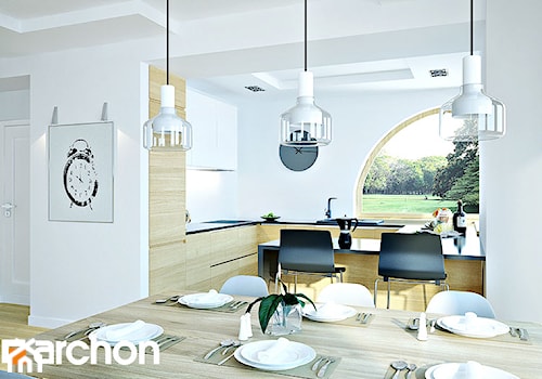 Dom w zefirantach 2 (G2) - Mała otwarta biała z zabudowaną lodówką kuchnia w kształcie litery g z oknem, styl nowoczesny - zdjęcie od ArchonHome