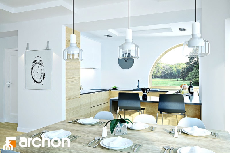 Dom w zefirantach 2 (G2) - Mała otwarta biała z zabudowaną lodówką kuchnia w kształcie litery g z oknem, styl nowoczesny - zdjęcie od ArchonHome