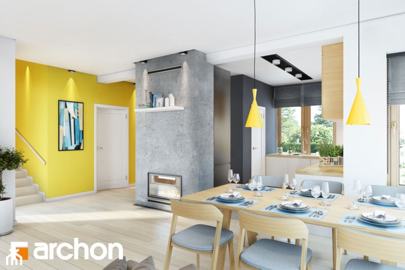 Dom w Rododendronach 20 (G2N) - Duża biała szara żółta jadalnia w salonie, styl nowoczesny - zdjęcie od ArchonHome