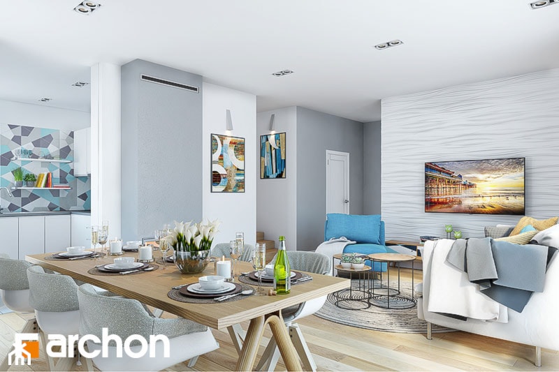 Dom w malinówkach - Mały biały niebieski szary salon z jadalnią, styl nowoczesny - zdjęcie od ArchonHome