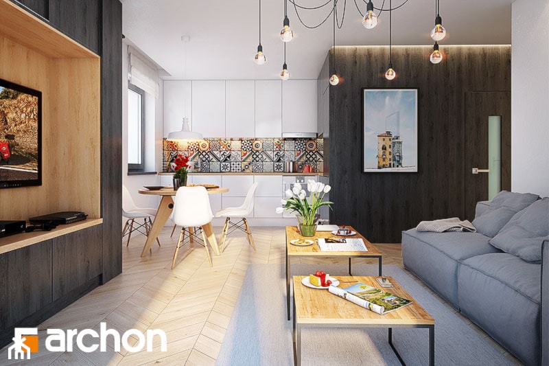 Dom przy Plantach - Średni brązowy salon z kuchnią z jadalnią, styl nowoczesny - zdjęcie od ArchonHome
