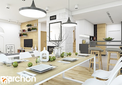 Dom w idaredach (A) - Duża biała szara jadalnia w salonie, styl nowoczesny - zdjęcie od ArchonHome