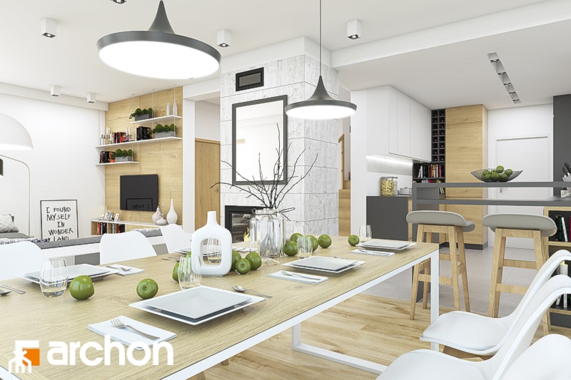 Dom w idaredach (A) - Duża biała szara jadalnia w salonie, styl nowoczesny - zdjęcie od ArchonHome
