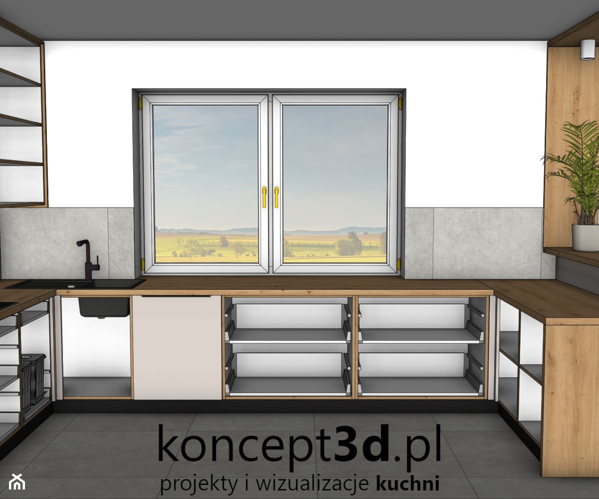 Projekt kuchni w kolorze Dąb dziki naturalny z kaszmirem - zdjęcie od koncept3d.pl | projektowanie i wizualizacje kuchni - Homebook