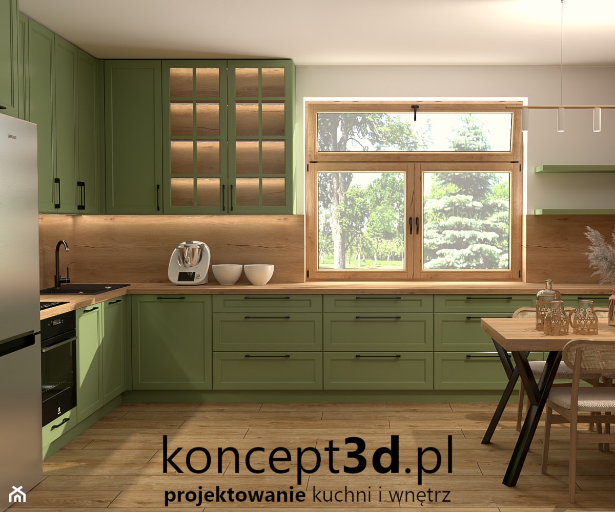 Wizualizacja zielonej kuchni do Gdyni ujęcie 1 - zdjęcie od koncept3d.pl | projektowanie i wizualizacje kuchni - Homebook