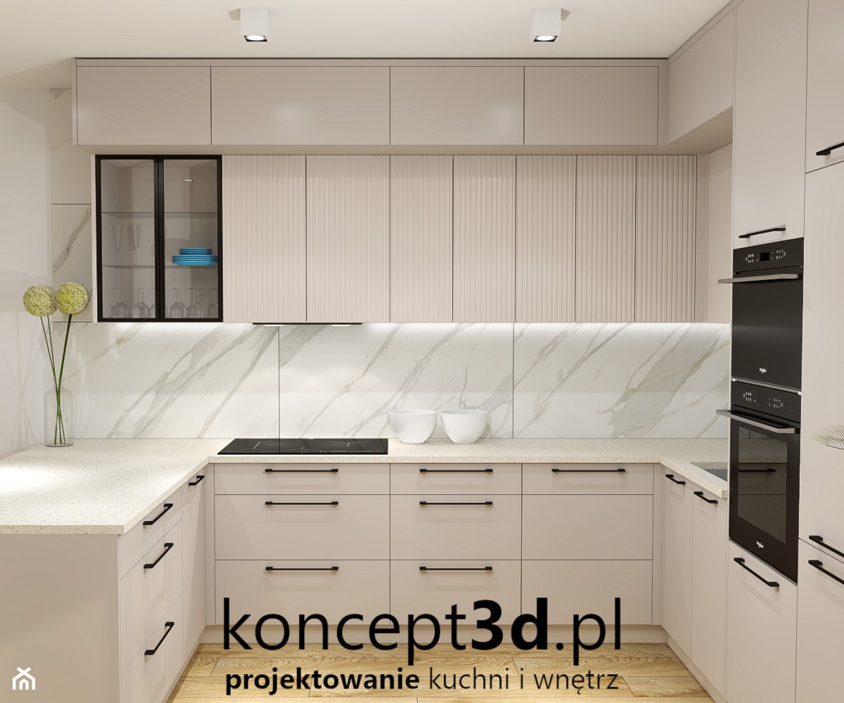 Wizualizacja kaszmirowej kuchni z ryflami ujęcie 3 - zdjęcie od koncept3d.pl | projektowanie i wizualizacje kuchni - Homebook