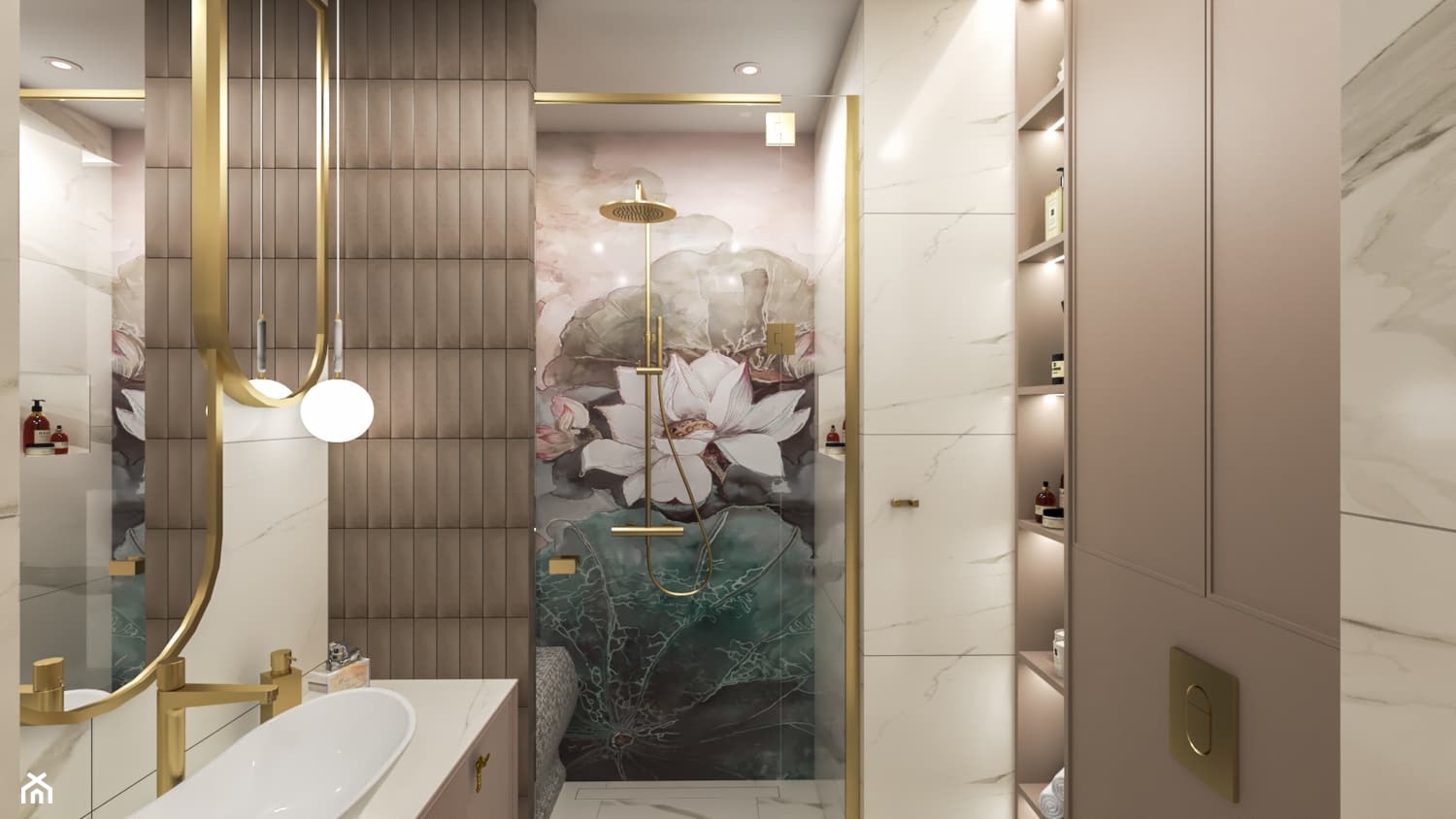 Łazienka z tapetą pod prysznicem - zdjęcie od Studio Mam Plan - Homebook