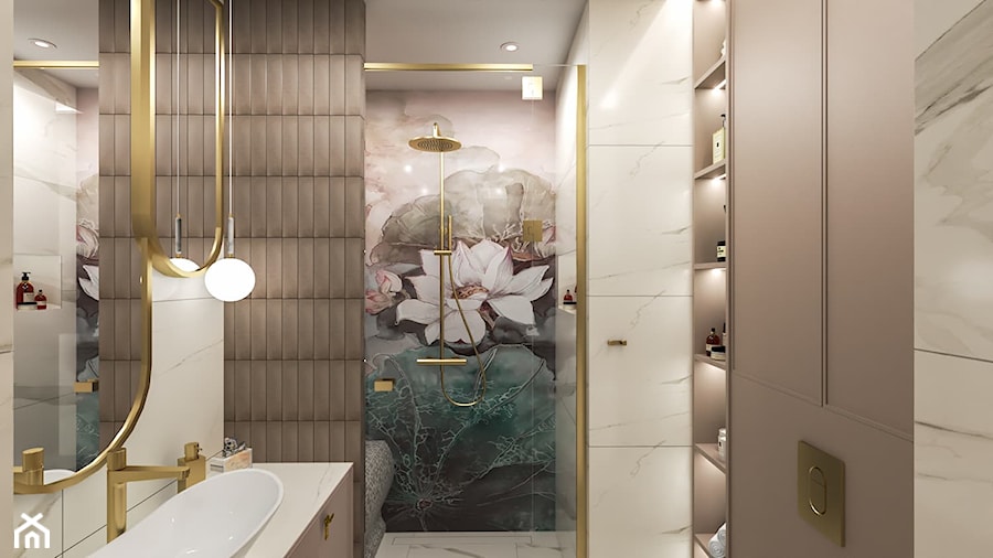 Łazienka z tapetą pod prysznicem - zdjęcie od Studio Mam Plan