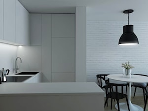 MIESZKANIE NA WYNAJEM _ KOŁOBRZEG - Średnia otwarta z salonem biała z zabudowaną lodówką z podblatowym zlewozmywakiem kuchnia w kształcie litery l, styl minimalistyczny - zdjęcie od Monika Skowrońska Architekt Wnętrz