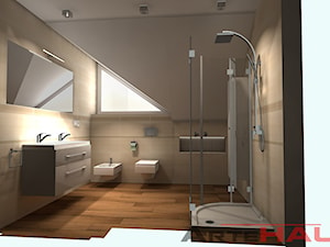 Projekt łazienki z oknem trójkątnym - drewno - zdjęcie od Projektowanie Wnętrz ArteHAUS