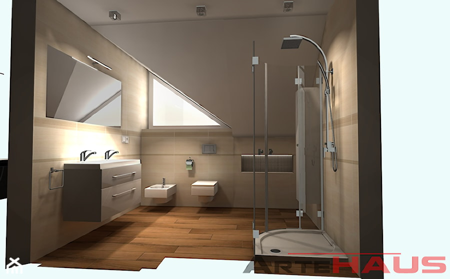 Projekt łazienki z oknem trójkątnym - drewno - zdjęcie od Projektowanie Wnętrz ArteHAUS
