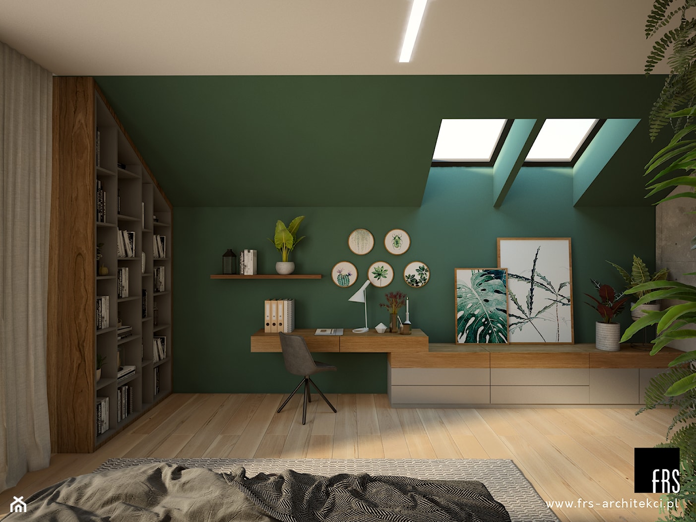 Dom pod lasem - Duża szara zielona z biurkiem sypialnia na poddaszu, styl nowoczesny - zdjęcie od FRS ARCHITEKCI - Homebook