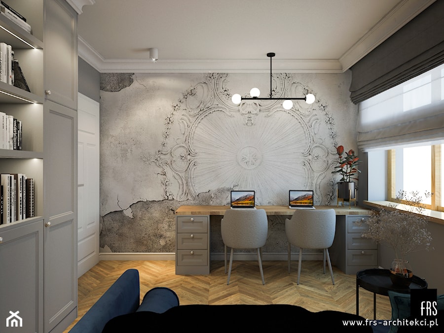 Dom w Tomaszowicach - Duże w osobnym pomieszczeniu z sofą szare biuro, styl glamour - zdjęcie od FRS ARCHITEKCI