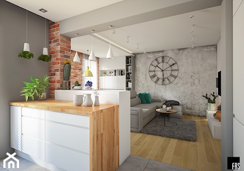 Mieszkanie M Lokum - Średni biały szary salon z kuchnią z bibiloteczką, styl nowoczesny - zdjęcie od FRS ARCHITEKCI