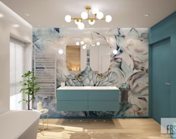 Łazienka z tapetą - Duża jako pokój kąpielowy z dwoma umywalkami z punktowym oświetleniem łazienka z ... - zdjęcie od FRS ARCHITEKCI - Homebook