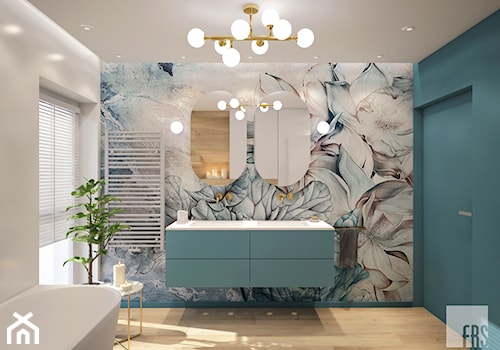Łazienka z tapetą - Duża jako pokój kąpielowy z dwoma umywalkami z punktowym oświetleniem łazienka z oknem, styl glamour - zdjęcie od FRS ARCHITEKCI