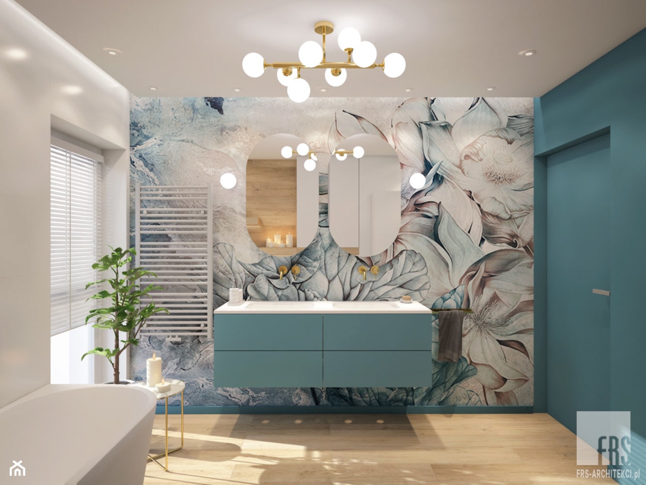 Łazienka z tapetą - Duża jako pokój kąpielowy z dwoma umywalkami z punktowym oświetleniem łazienka z oknem, styl glamour - zdjęcie od FRS ARCHITEKCI - Homebook