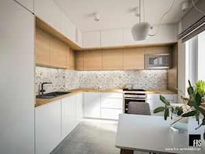 Apartament w Krakowie - Osiedle Akademickie - Średnia otwarta z salonem biała szara z zabudowaną lodówką z nablatowym zlewozmywakiem kuchnia w kształcie litery l z oknem, styl nowoczesny - zdjęcie od FRS ARCHITEKCI