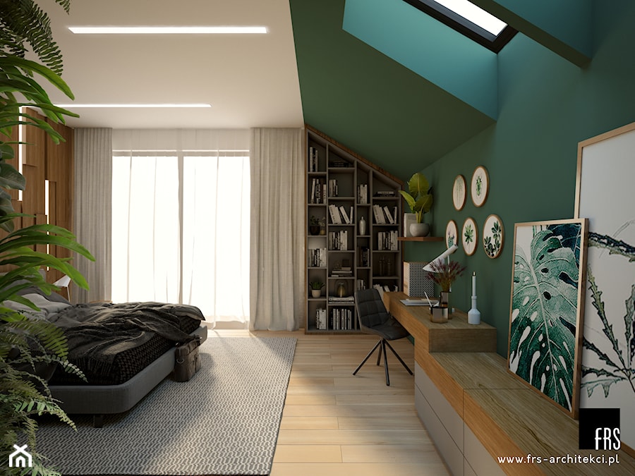 Dom pod lasem - Średnia biała zielona z biurkiem sypialnia na poddaszu, styl nowoczesny - zdjęcie od FRS ARCHITEKCI