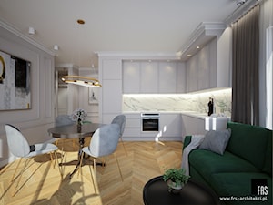 Mieszkanie na Żoliborzu - Średnia otwarta z salonem biała z zabudowaną lodówką z nablatowym zlewozmywakiem kuchnia w kształcie litery l z oknem z marmurem nad blatem kuchennym, styl glamour - zdjęcie od FRS ARCHITEKCI