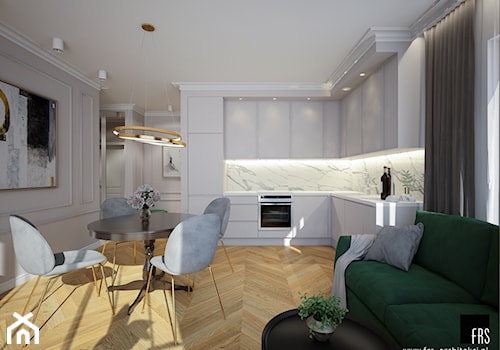 Mieszkanie na Żoliborzu - Średnia otwarta z salonem biała z zabudowaną lodówką z nablatowym zlewozmywakiem kuchnia w kształcie litery l z oknem z marmurem nad blatem kuchennym, styl glamour - zdjęcie od FRS ARCHITEKCI