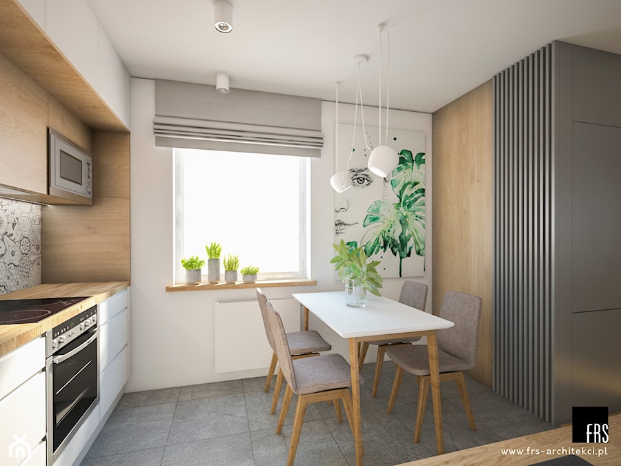 Apartament w Krakowie - Osiedle Akademickie - Średnia otwarta z salonem biała szara z zabudowaną lodówką kuchnia w kształcie litery l z oknem, styl nowoczesny - zdjęcie od FRS ARCHITEKCI