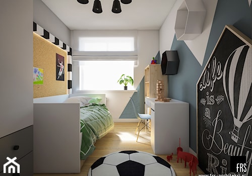Apartament w Krakowie - Osiedle Akademickie - Mały biały czarny niebieski pokój dziecka dla dziecka dla nastolatka dla chłopca dla dziewczynki, styl skandynawski - zdjęcie od FRS ARCHITEKCI