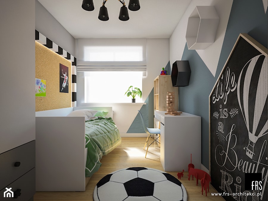 Apartament w Krakowie - Osiedle Akademickie - Mały biały czarny niebieski pokój dziecka dla dziecka dla nastolatka dla chłopca dla dziewczynki, styl skandynawski - zdjęcie od FRS ARCHITEKCI