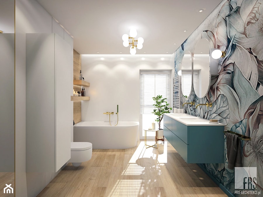 Łazienka z tapetą - Duża z lustrem z dwoma umywalkami z punktowym oświetleniem łazienka z oknem, styl rustykalny - zdjęcie od FRS ARCHITEKCI