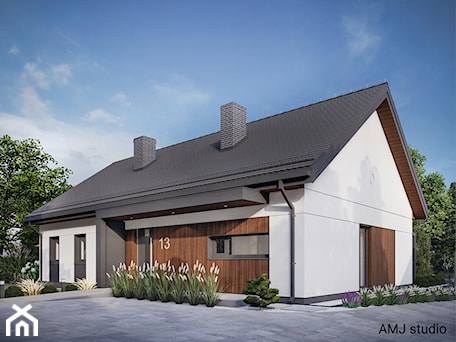 Aranżacje wnętrz - Domy: Front domu z drewnem - AMJ studio - biuro architektoniczne. Przeglądaj, dodawaj i zapisuj najlepsze zdjęcia, pomysły i inspiracje designerskie. W bazie mamy już prawie milion fotografii!