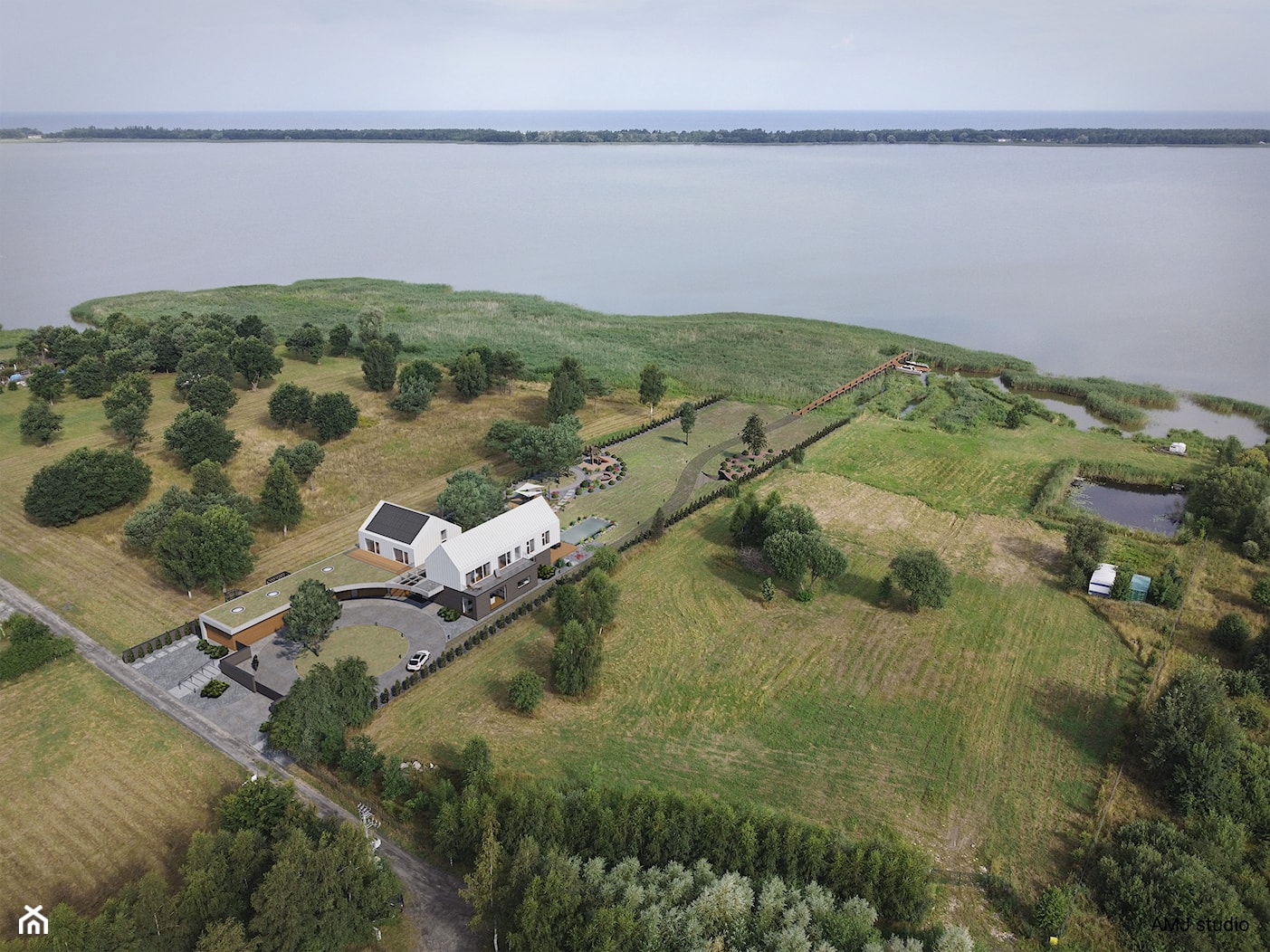 Dom nad jeziorem to projekt nowoczesnej rezydencji, która otwiera się widokowo na otaczający ją krajobraz naturalny. - zdjęcie od AMJ studio - biuro architektoniczne - Homebook