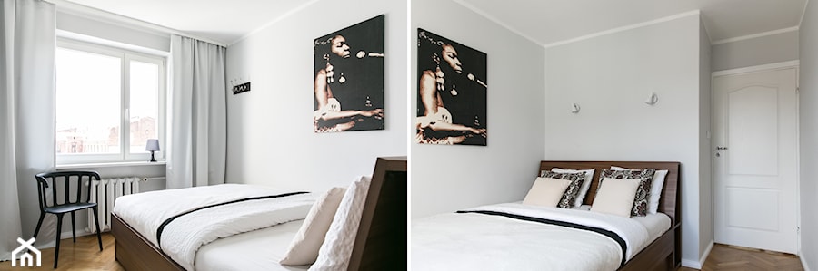 Apartament inny niż wszystkie - rearanżacja i home staging mieszkania na wynajem - Mała szara sypialnia, styl minimalistyczny - zdjęcie od IDEALS . Marta Jaślan Interiors