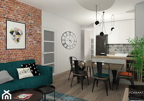 Mieszkanie ludzi z pasją - Średni biały szary salon z kuchnią z jadalnią, styl industrialny - zdjęcie od Studio FORMAT HOME