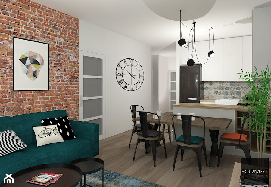 Mieszkanie ludzi z pasją - Średni biały szary salon z kuchnią z jadalnią, styl industrialny - zdjęcie od Studio FORMAT HOME