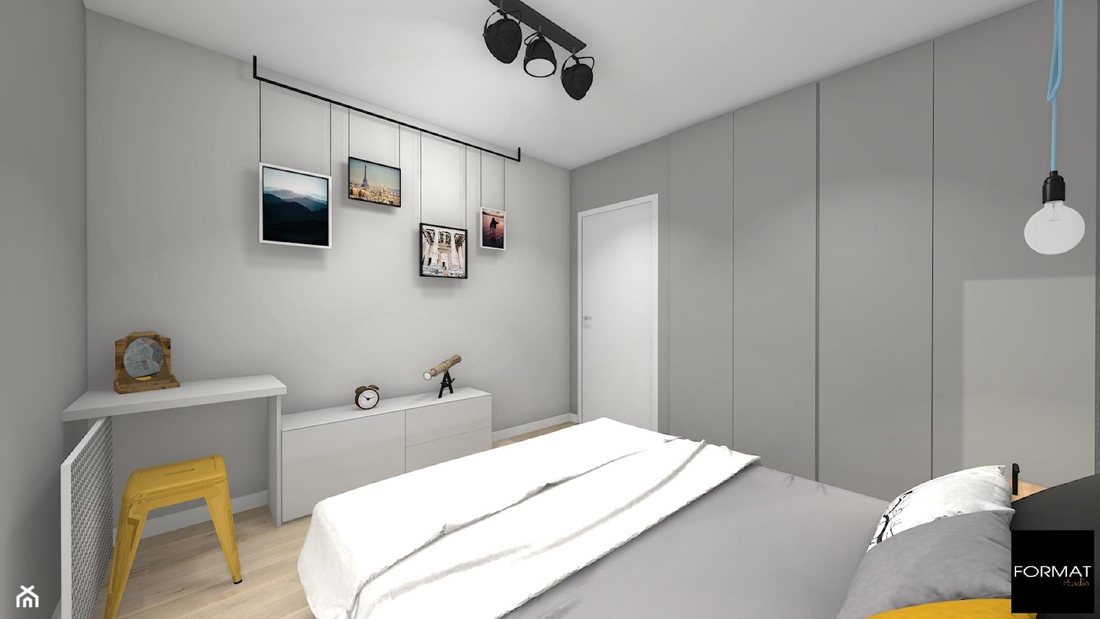 Mieszkanie podróżników - Mała szara z biurkiem sypialnia - zdjęcie od Studio FORMAT HOME - Homebook