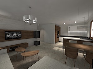 Mieszkanie adwokatów - Duży biały szary salon z kuchnią z jadalnią - zdjęcie od Studio FORMAT HOME